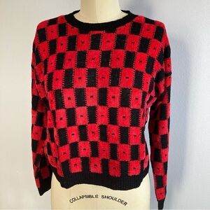 Vtg Sweater Brenda‎ French Rags Medium Red Black Check Hand Loomed USA Velour